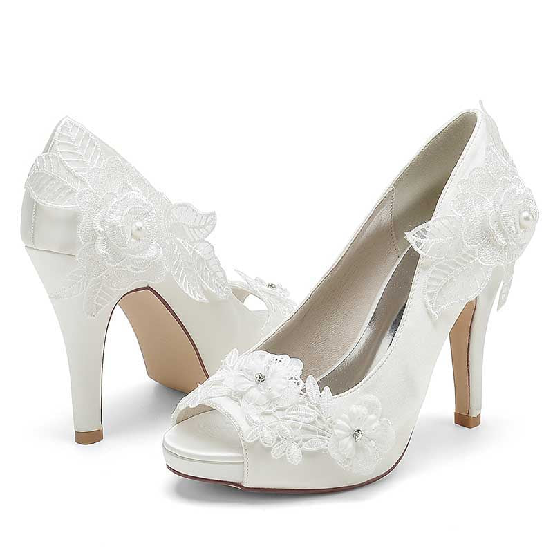 3.94" Lace Bridal Heels Platform Peep Toe Pumps Dress Shoes