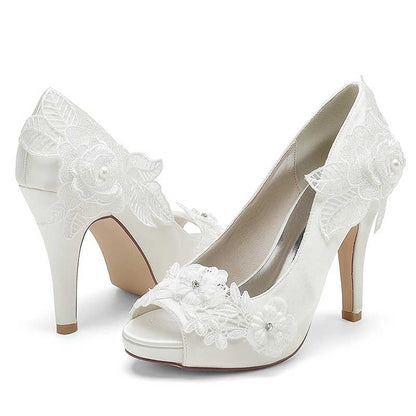 3.94" Lace Bridal Heels Platform Peep Toe Pumps Dress Shoes