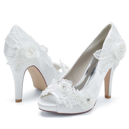 3.94" Lace Bridal Heels Platform Peep Toe Pumps Dress Shoes