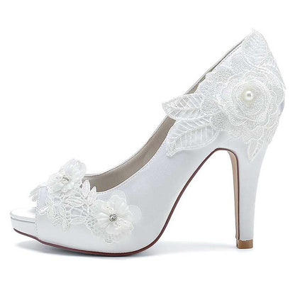 3.94" Lace Bridal Heels Platform Peep Toe Pumps Dress Shoes