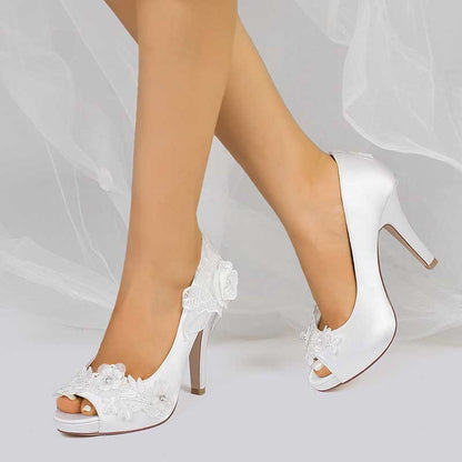 3.94" Lace Bridal Heels Platform Peep Toe Pumps Dress Shoes
