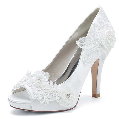 3.94" Lace Bridal Heels Platform Peep Toe Pumps Dress Shoes