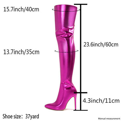 Shiny leather high heel over the knee boots for women in bright metallic pink with size measurements