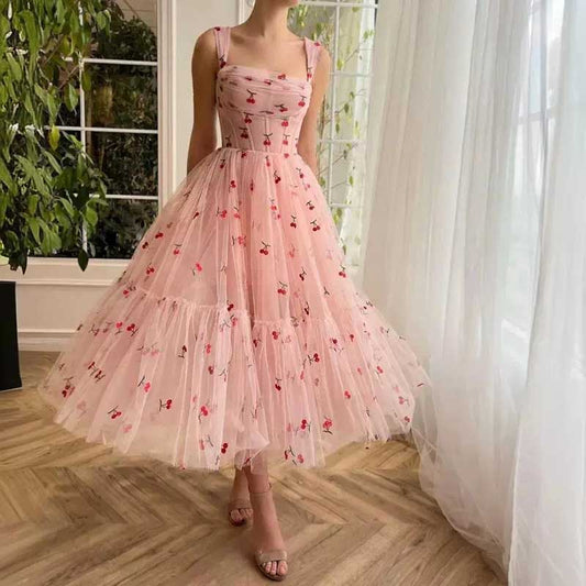 Pink Tulle Homecoming Dress Square-Neck Cute Event Dress