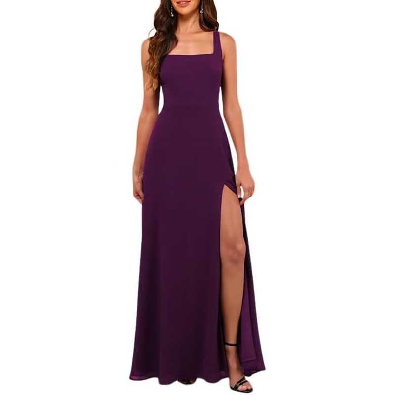 Purple prom dress featuring a chiffon bridesmaid dress with high split and square neckline