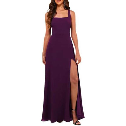 Purple prom dress featuring a chiffon bridesmaid dress with high split and square neckline
