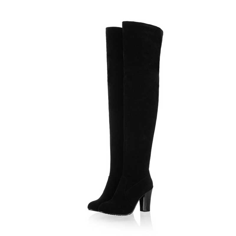 Black suede plus size thigh high boots for women with block heels and rounded toes