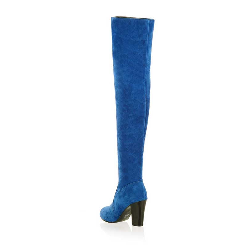 Blue suede plus size thigh high boots for women with block heels and sleek design