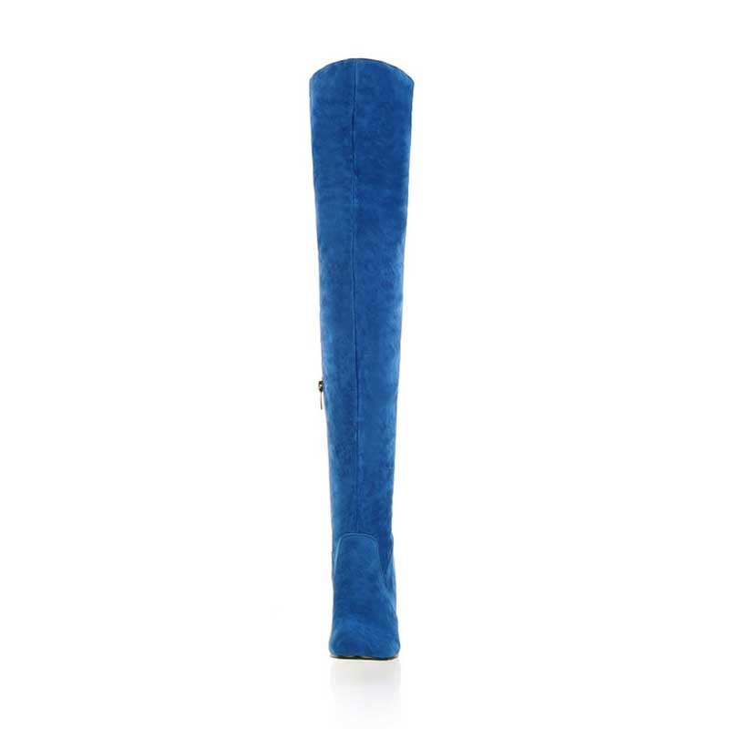 Blue suede plus size thigh high boots for women with a sleek, fitted design and round toe