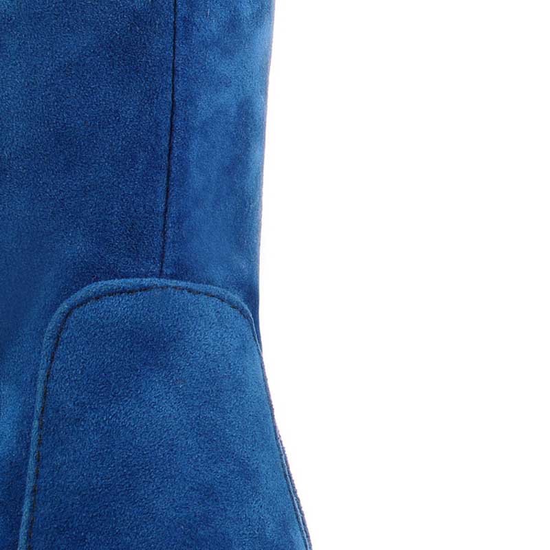 Close-up of blue suede plus size thigh high boots for women showing detailed stitching