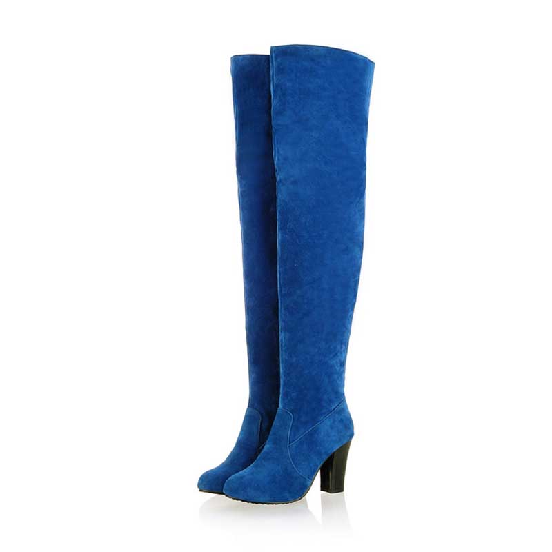 Royal Blue suede plus size thigh high boots for women with block heels and sleek design