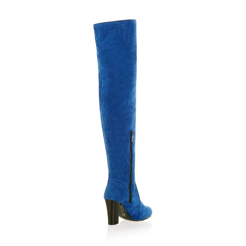 Blue suede plus size thigh high boots for women with side zipper and block heel