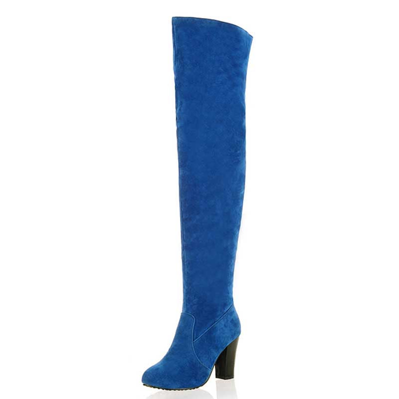 Blue plus size thigh high boots for women with high block heel and suede texture
