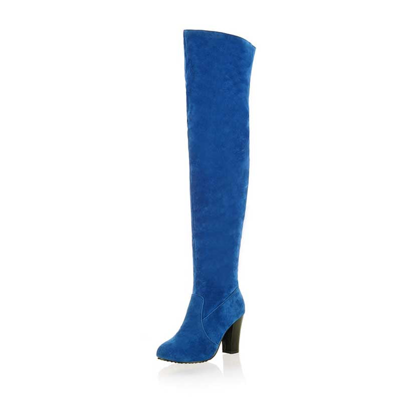 Blue suede plus size thigh high boots for women with block heel and rounded toe
