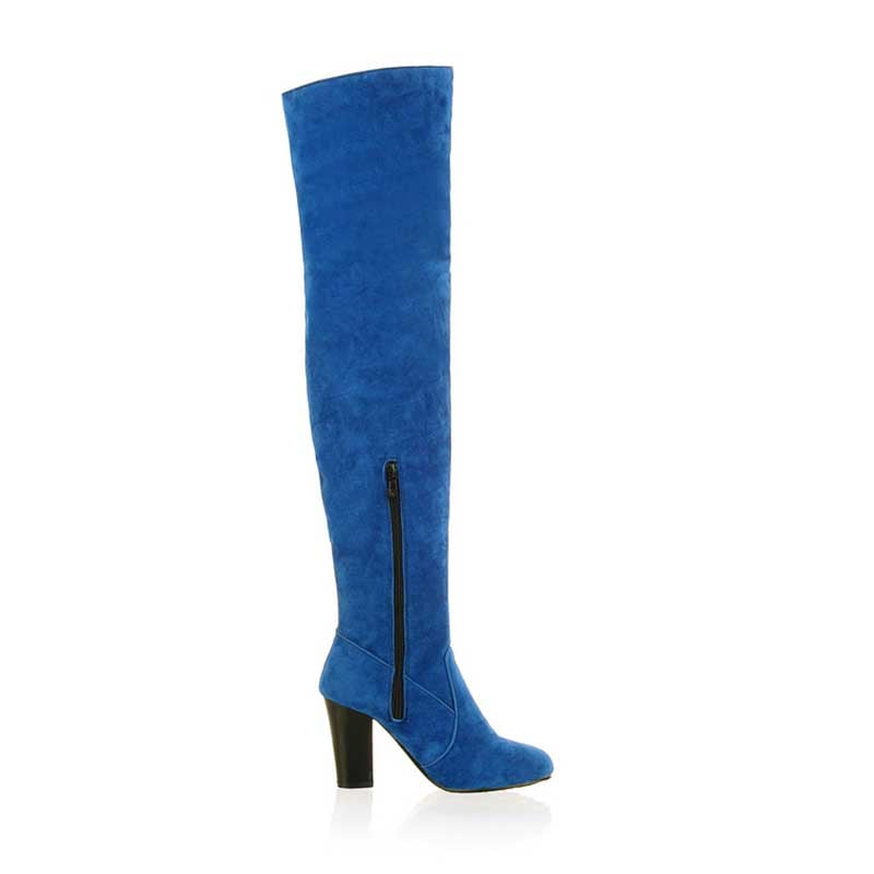 Blue suede plus size thigh high boots for women with black zipper and block heel