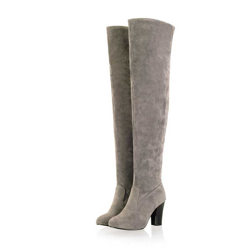 Gray suede plus size thigh high boots for women with block heels and pointed toes