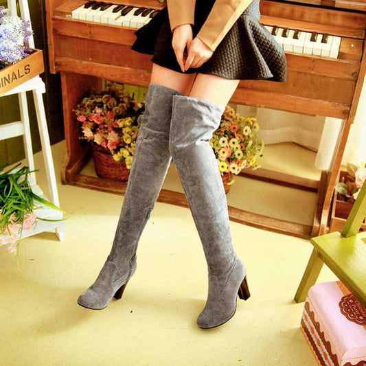 Grey suede plus size thigh high boots for women with block heels and pointed toes