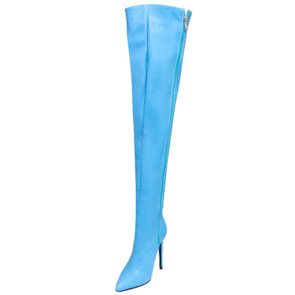 Blue pointed toe long boots for women with high stiletto heel and side zipper