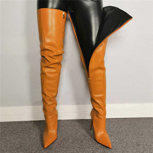 Orange pointed toe long boots for women with high heels and side zipper detail