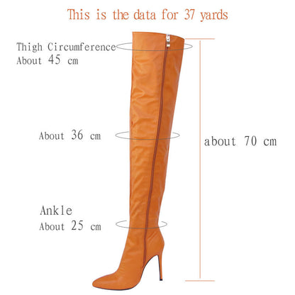 Pointed toe long boots for women in orange with high heel and side zipper detailed with measurements