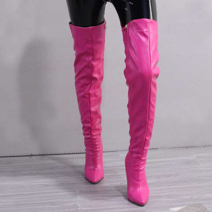 Pink pointed toe long boots for women with high shaft and zipper detail