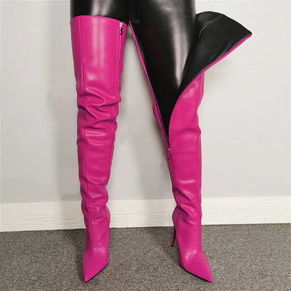 Pink pointed toe long boots for women with high heels and side zipper detail