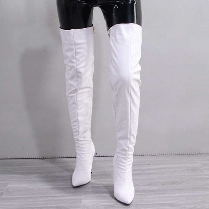 White pointed toe long boots for women with high heel and zipper detail