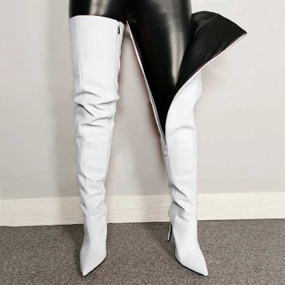 White pointed toe long boots for women with high heels and side zipper detail