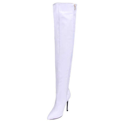White pointed toe long boots for women with high stiletto heel and side zipper