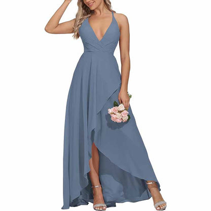 Chiffon Bridesmaid Dresses V Neck High Low Wedding Guest Party Gown