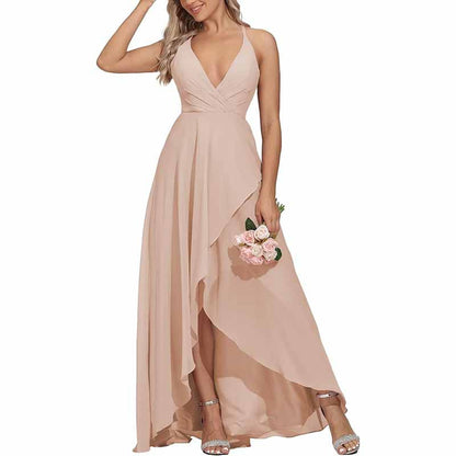Chiffon Bridesmaid Dresses V Neck High Low Wedding Guest Party Gown