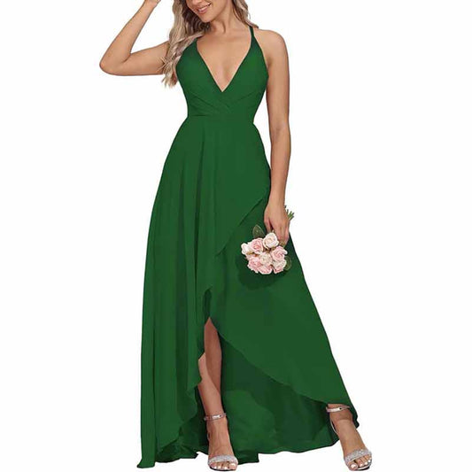 Chiffon Bridesmaid Dresses V Neck High Low Wedding Guest Party Gown