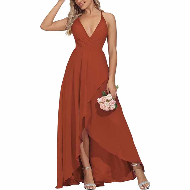 Chiffon Bridesmaid Dresses V Neck High Low Wedding Guest Party Gown
