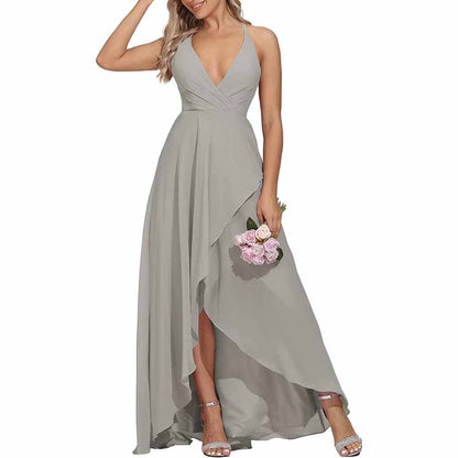 Chiffon Bridesmaid Dresses V Neck High Low Wedding Guest Party Gown