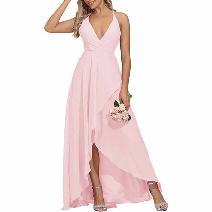 Chiffon Bridesmaid Dresses V Neck High Low Wedding Guest Party Gown