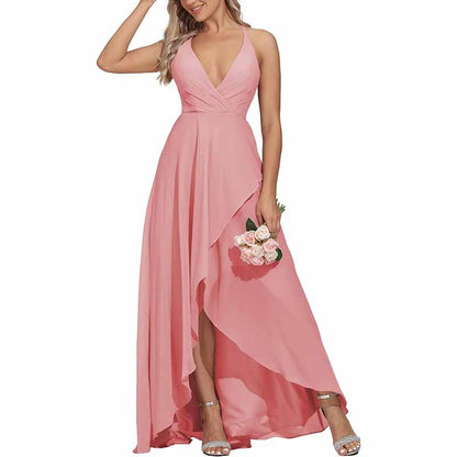 Chiffon Bridesmaid Dresses V Neck High Low Wedding Guest Party Gown