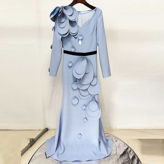 Women's Long Sleeves Party Gown Flower Detail Long Prom Dress
