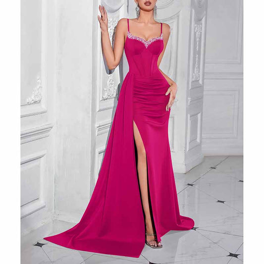 Spaghetti Strap Rhinestone Embellished High Split Evening Dress