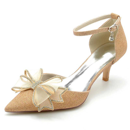 2.36" Pointed Toe Pumps Glitter Ankle Stripe Bridal Shoes with Bow Detail