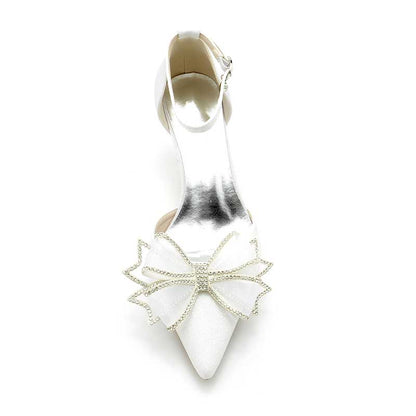 2.36" Pointed Toe Pumps Glitter Ankle Stripe Bridal Shoes with Bow Detail