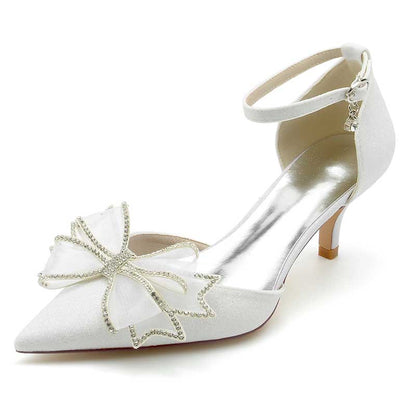 2.36" Pointed Toe Pumps Glitter Ankle Stripe Bridal Shoes with Bow Detail