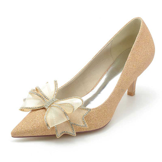 2.36" Pointed Toe Pumps Glitter Bridal Shoes with Bow Detail