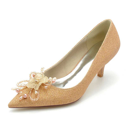 2.36" Pointed Toe Pumps Glitter Bridal Shoes with Pearls
