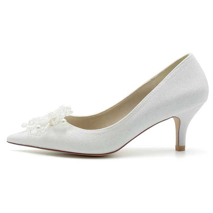 2.36" Pointed Toe Pumps Glitter Bridal Shoes with Pearls