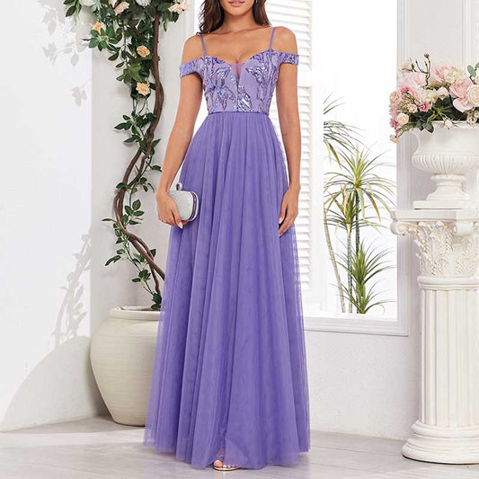 Purple Long Prom Dress Off The Shoulder A Line Sequin Maxi Dress