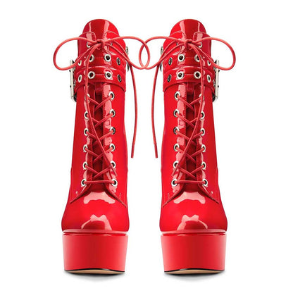 Red platform ankle boots for women with lace-up front and high chunky heels