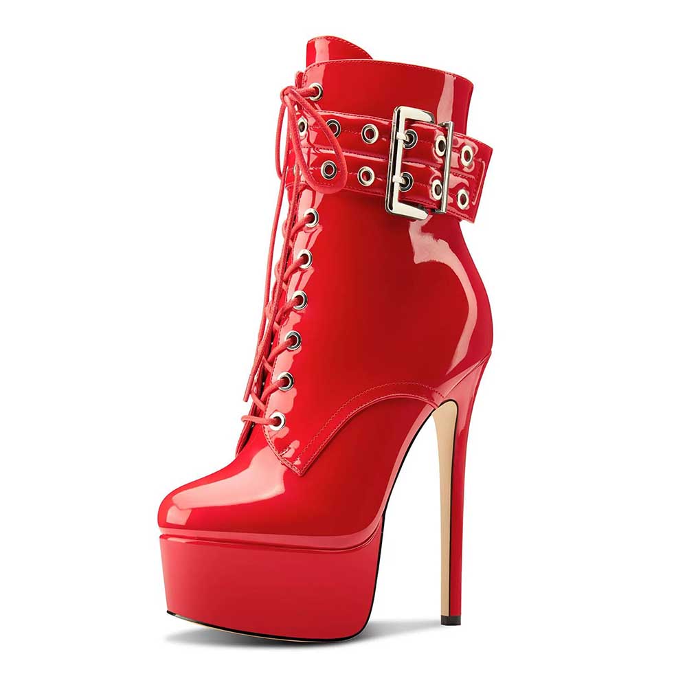 Shiny red platform ankle boots for women with lace-up front and buckle strap detail