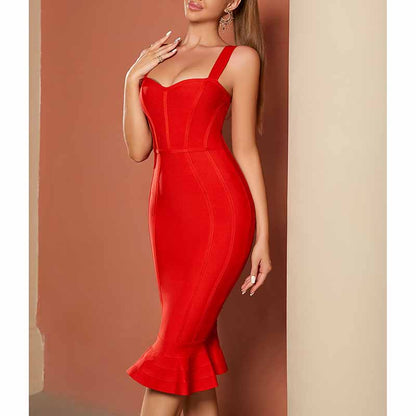 Red Spaghetti Strap Dress – Bodycon Mermaid Hem Cocktail Gown for Clubwear