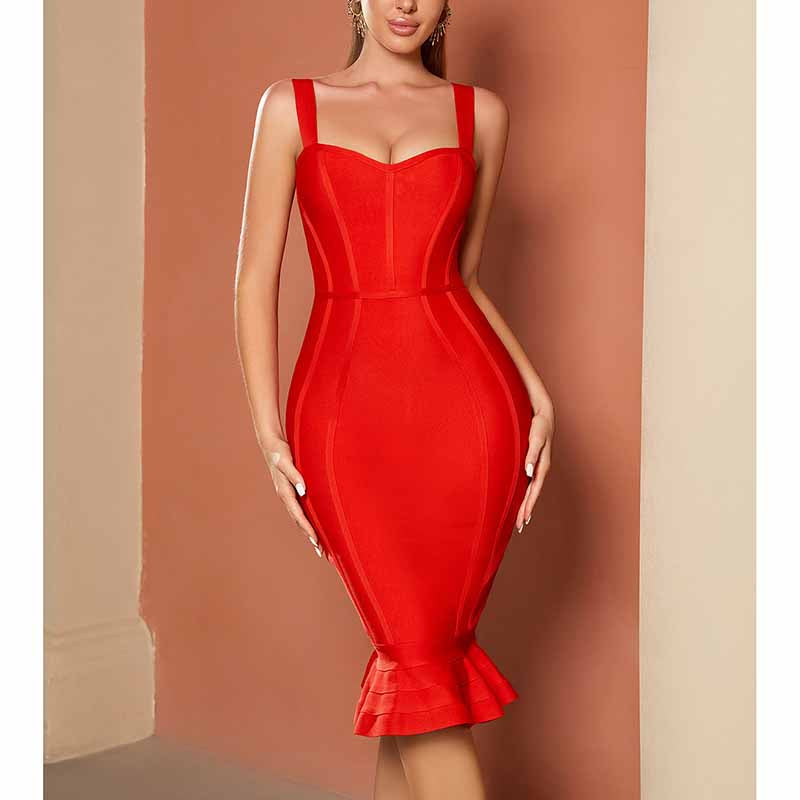 Red Spaghetti Strap Dress – Bodycon Mermaid Hem Cocktail Gown for Clubwear