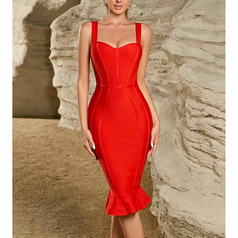 Red Spaghetti Strap Dress – Bodycon Mermaid Hem Cocktail Gown for Clubwear